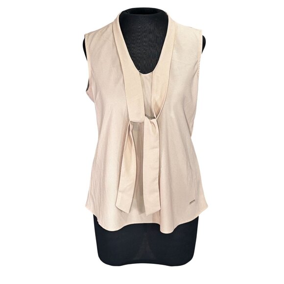 Anne Klein Womens Sleeveless Top With Tie Neck Blouse S Beige - Picture 1 of 13